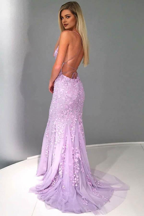 Robe de soirée sirène Weitese à bretelles spaghetti en tulle lilas avec applications